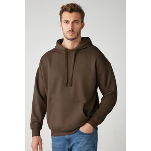 Steve Erkek Yumusaçık Kumaşlı Kordonlu Oversize Kapüşonlu Kanguru Cepli Kahverengi Sweatshirt