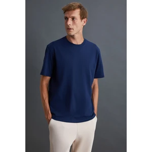Solo Erkek %100 Organik Pamuklu Kalın Dokulu Comfort Fit Bisiklet Yakalı Lacivert T-shirt