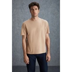 Solo Erkek Süprem %100 Organik Pamuklu Kalın Dokulu Comfort Fit Bej T-shirt