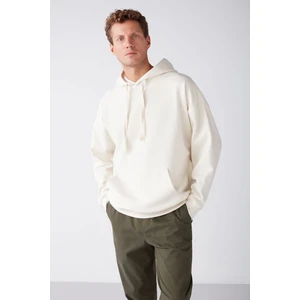 Steve Erkek Yumusaçık Kumaşlı Kapüşonlu Kordonlu Oversize Fit Ekru Sweatshirt