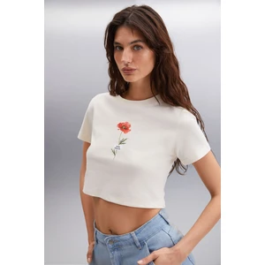 Irma 100% Pamuk Kadın Crop Vanilya T-Shirt
