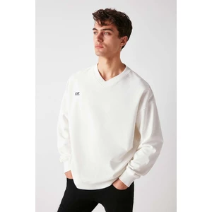 Off Erkek Organik Pamuklu Yazı Nakış Detaylı V Yakalı Içi Polarsız Oversize Beyaz Sweatshirt