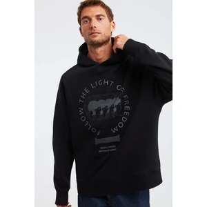 Olympos Erkek %100 Organik Pamuk 3 Iplik Oversize Baskılı Kapüşonlu Kordonlu Siyah Sweatshirt