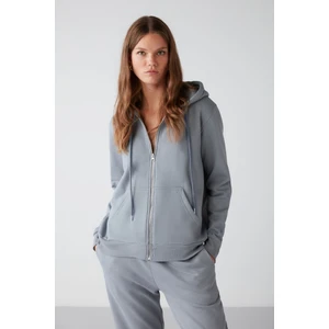 Carlota Kadın Içi Polarlı Organik Kumaşlı Metal Fermuarlı Kapüşonlu Yumuşacık Mavi Sweatshirt