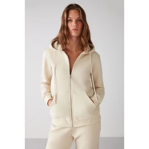 Carlota Kadın Yumuşacık Içi Polarlı 3 Iplik Relaxed Kapüşonlu Fermuarlı Vanilya Sweatshirt