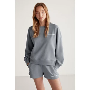 Jennıfer Kadın Organik Pamuklu Nakışlı Yuvarlak Yakalı Oversize Gri Sweatshirt