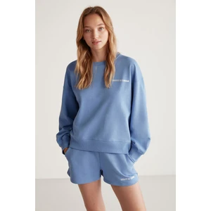 Jennıfer Kadın Organik Pamuklu Nakışlı Yuvarlak Yakalı Oversize Mavi Sweatshirt