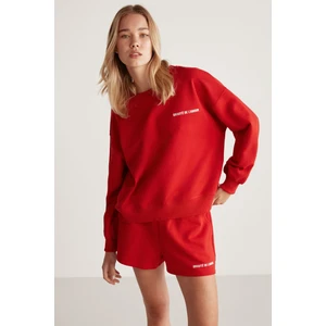 Jennıfer Kadın Organik Pamuklu Nakışlı Yuvarlak Yakalı Oversize Kırmızı Sweatshirt