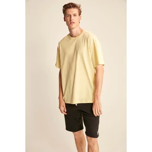 Jett Erkek Oversize Fit %100 Organik Pamuk Kalın Dokulu Bisiklet Yakalı Sarı T-shirt