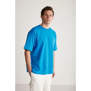 Jett Erkek Oversize Fit %100 Pamuk Kalın Dokulu Saks Mavi T-shirt