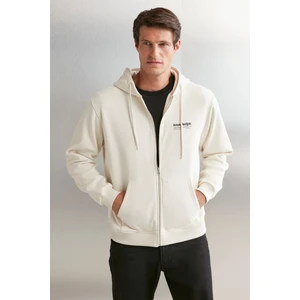 Aksel Erkek Yumuşacık Organik Pamuk Oversize Fermuarlı Baskılı Kapüşonlu Taş Rengi Sweatshirt