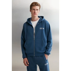 Aksel Erkek Yumuşacık Kumaşlı Fermuarlı Baskılı Kapüşonlu Mavi Sweatshirt