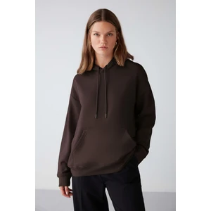 Adel Kadın Organik Pamuklu Içi Polarlı Yumuşacık Relaxed  Kanguru Cepli Kapüşonlu Kahverengi Sweatshirt