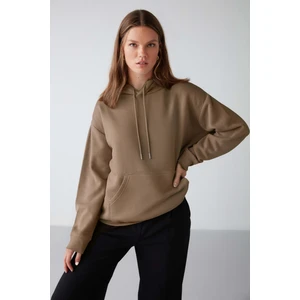 Adel Kadın Organik Pamuklu Içi Polarlı Yumuşacık Relaxed  Kanguru Cepli Kapüşonlu Vizon Sweatshirt