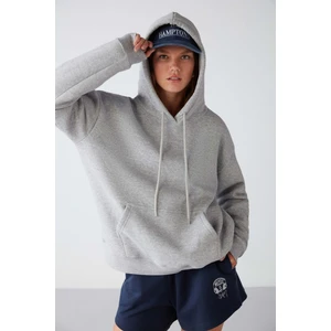 Adel Relaxed Fit Örme Kanguru Cepli Kapüşonlu Gri Sweatshirt