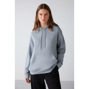 Adel Relaxed Fit Örme Kanguru Cepli Kapüşonlu Mavi Sweatshirt