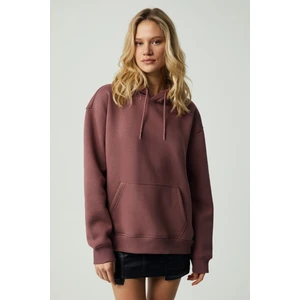 Adel Kadın Organik Pamuklu Içi Polarlı Yumuşacık Relaxed  Kanguru Cepli Kapüşonlu Mürdüm Sweatshirt