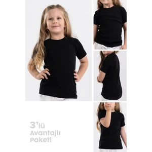 Kız Çocuk Pamuklu Yuvarlak Yaka Fanila Tişört 3'lü Paket 4444 Siyah