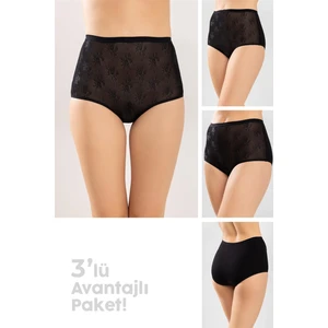 Kadın Pamuklu Dantelli Düz Bato Külot 3'lü Paket Siyah