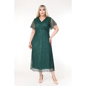 Kruvaze Yaka Büyük Beden Payetli Yeşil Abiye Elbise 11B-2637