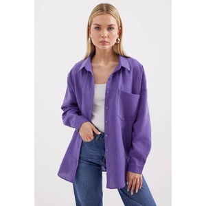 20153 Tek Cepli Oversize Keten Gömlek - Mor