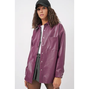 20134 Oversize Suni Deri Gömlek - Mürdüm