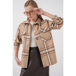 3854 Ekose Desen Çift Cepli Gömlek - Bisküvi