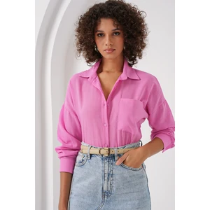 20153 Tek Cepli Oversize Keten Gömlek - Pembe