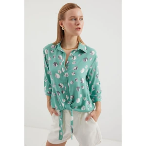 20243 Önü Bağlamalı Desenli Gömlek - Çağla