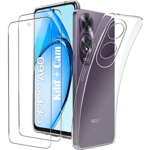 M.TK Moveteck Oppo A60 Kılıf Kamera Çıkıntılı Yumuşak Şeffaf Silikon + 9h Ekran Koruyucu Cam Set 2in1