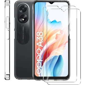 M.TK Moveteck Oppo A38 Kılıf Kamera Çıkıntılı Yumuşak Şeffaf Silikon + 9h Ekran Koruyucu Cam Set 2in1