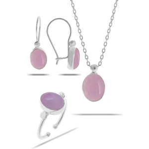 Sümer Telkari Pembe Kuvars Taşlı Rodyumlu Gümüş Set