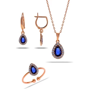 Sümer Telkari Safir Taşlı Damla Mini Rose Gümüş Set