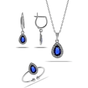 Sümer Telkari Safir Taşlı Damla Mini Rodyumlu Gümüş Set