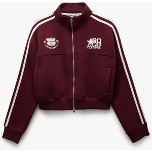 Fermuarlı Cepli Biyeli Kolej Baskılı Sweatshirt