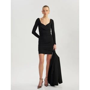 Drapeli Slim Fit Uzun Kollu Mini Kare Yaka Elbise