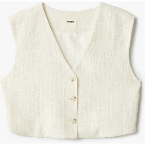 Viskon Keten Karışımlı Düğmeli Crop Blazer Yelek