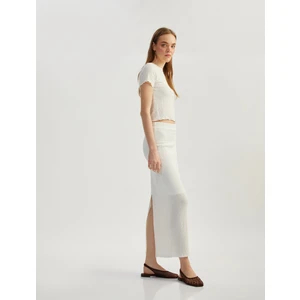 Yüksek Bel Slim Fit Yırtmaç Detaylı Astarlı Midi Kalem Etek