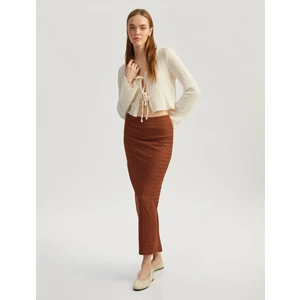 Yüksek Bel Slim Fit Yırtmaç Detaylı Astarlı Midi Kalem Etek
