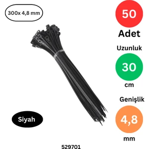 Plastik Kablo Bağı Klipsi Cırt Kelepçe 300 mm x 4.8 mm Siyah 50 Adet