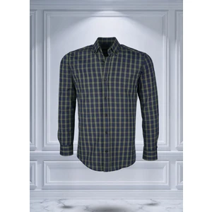 Kolay Ütülenebilen Dört Mevsim Modern Fit Yumuşak Dokulu Lacivert Yeşil Ekose Kareli Erkek Gömlek