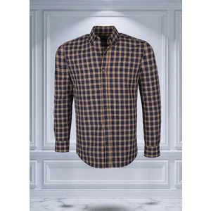 Kolay Ütülenebilen Dört Mevsim Modern Fit Yumuşak Dokulu Lacivert Hardal Ekose Kareli Erkek Gömlek