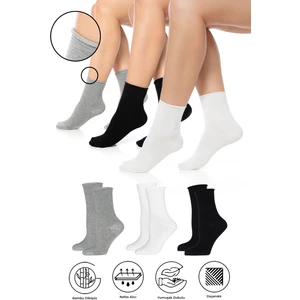 Bambu Kadın Lastiksiz Siyah-Beyaz-Gri Melanj Soket Dikişsiz Premium Çorap 3'lü Paket / Iz Bırakmaz-Sıkmaz Çorap