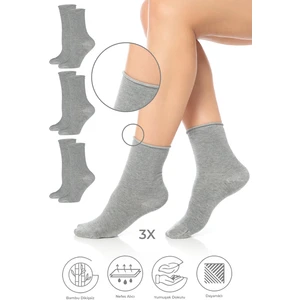 Bambu Kadın Lastiksiz Gri Melanj Soket Dikişsiz Premium Çorap 3'lü Paket / Iz Bırakmaz-Sıkmaz Çorap