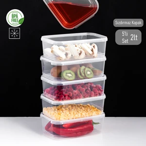 4302 5'li Buzluk Düzenleyici Saklama Kabı Kendinden Kapaklı Derin Dondurucu Erzak Saklama Kabı Seti Şeffaf 2 Litre