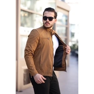 Erkek Taba Su ve Rüzgar Geçirmez Slim Fit Astarlı Mevsimlik Mont