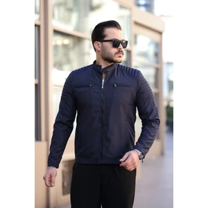 Erkek Lacivert Su ve Rüzgar Geçirmez Slim Fit Astarlı Mevsimlik Mont