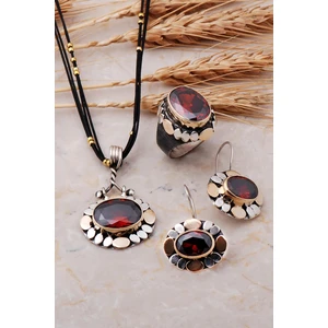 Pullu Elişi Granat Taşlı Gümüş Set 1264