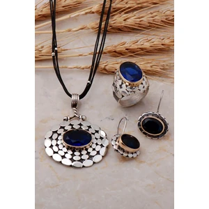 Pullu Elişi Safir Taşlı Gümüş Set 1249