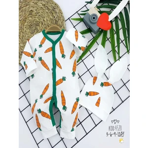 Kulaklı Şapkalı Havuç Baskılı Boydan Çıtçıtlı Uzun Kollu Kız Erkek Bebek Tulumu Beyaz